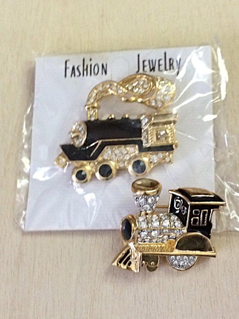 Lot of 2 vintage NOS 1990s Best Co Rhinestone Gold Train Locomotive Brooch Pin
